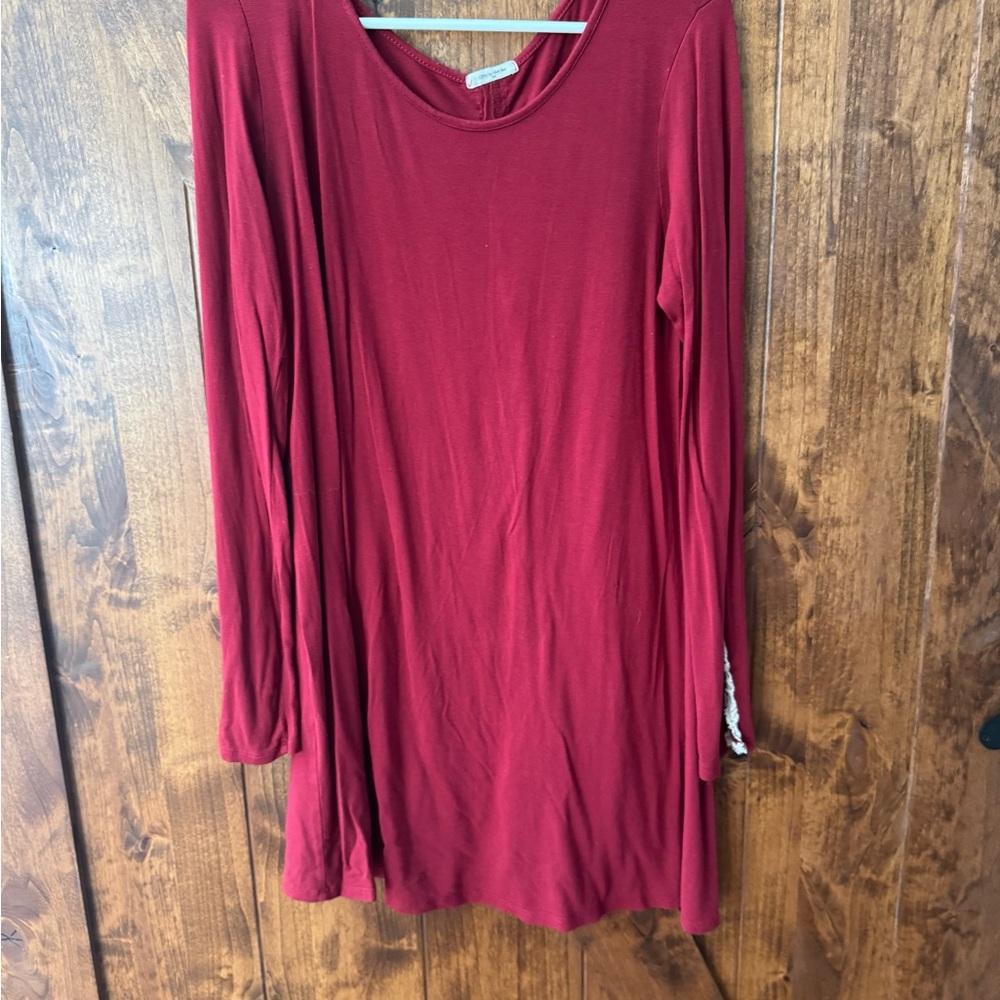 Lace embellished, Red Long Sleeve dress with button details